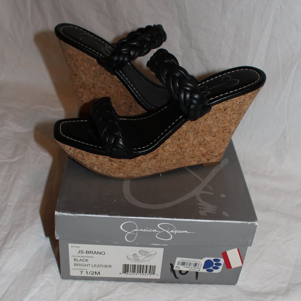 Jessica Simpson Black Leather Braided 2-Strap Cork Platform Wedge Sandals - Picture 3 of 16